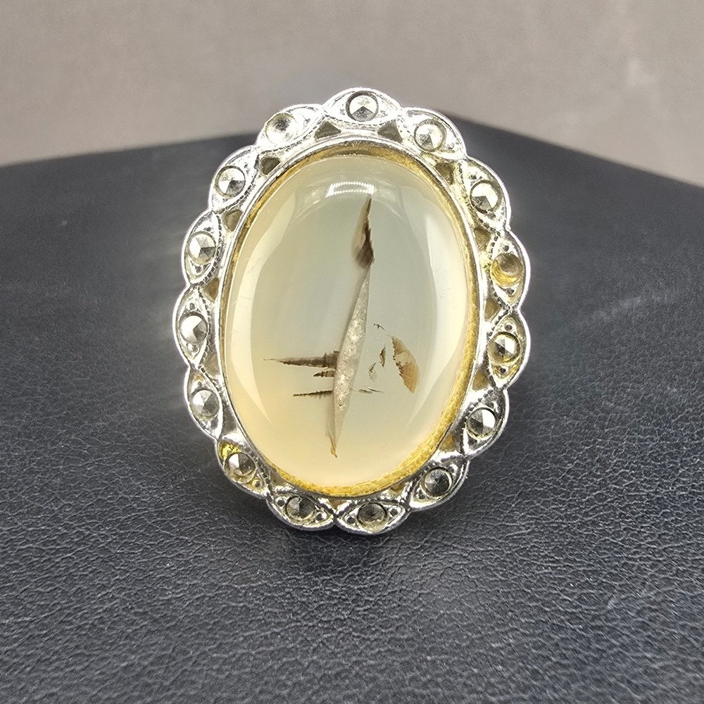 Vintage Estate Ring Silver Tone Rutile Quartz Marcasite Scalloped Size 7.25